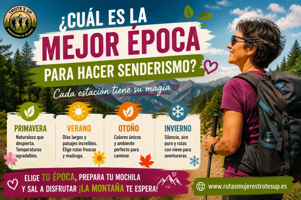 ¿Cuál es la mejor época para hacer senderismo? Mujer senderista caminando por un bosque en otoño, una de las mejores épocas para hacer senderismo.