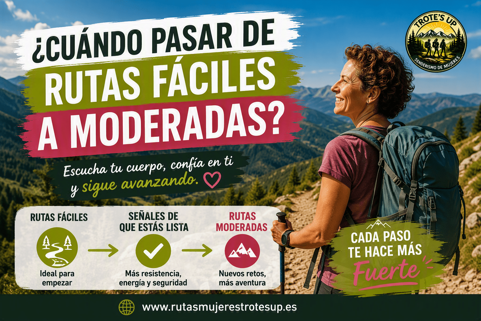 Mujer senderista caminando por un bosque en otoño, una de las mejores épocas para hacer senderismo.