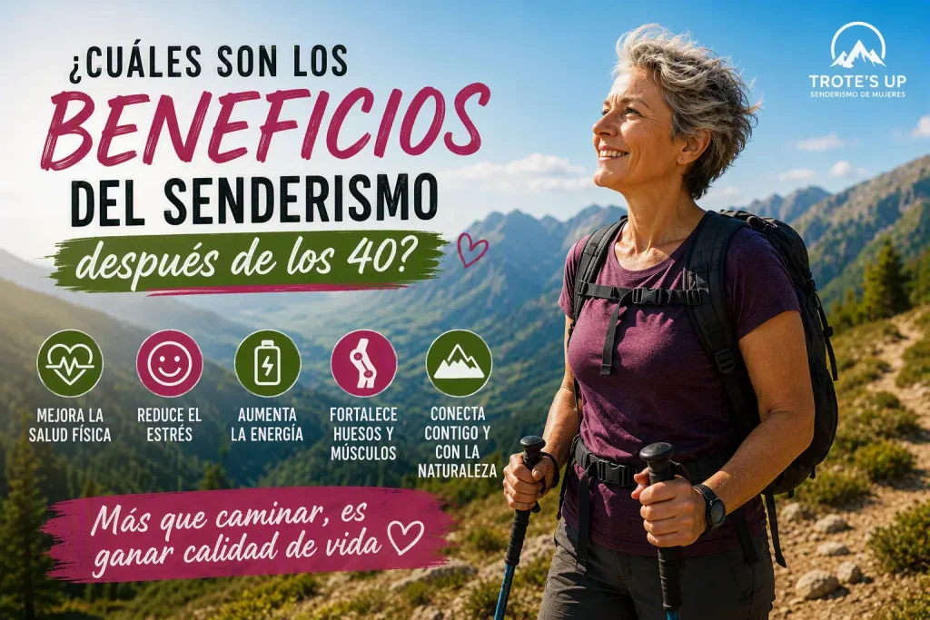 ¿Cuáles son los beneficios del senderismo después de los 40? Mujer practicando senderismo en la montaña después de los 40 años disfrutando de una vida activa y saludable.