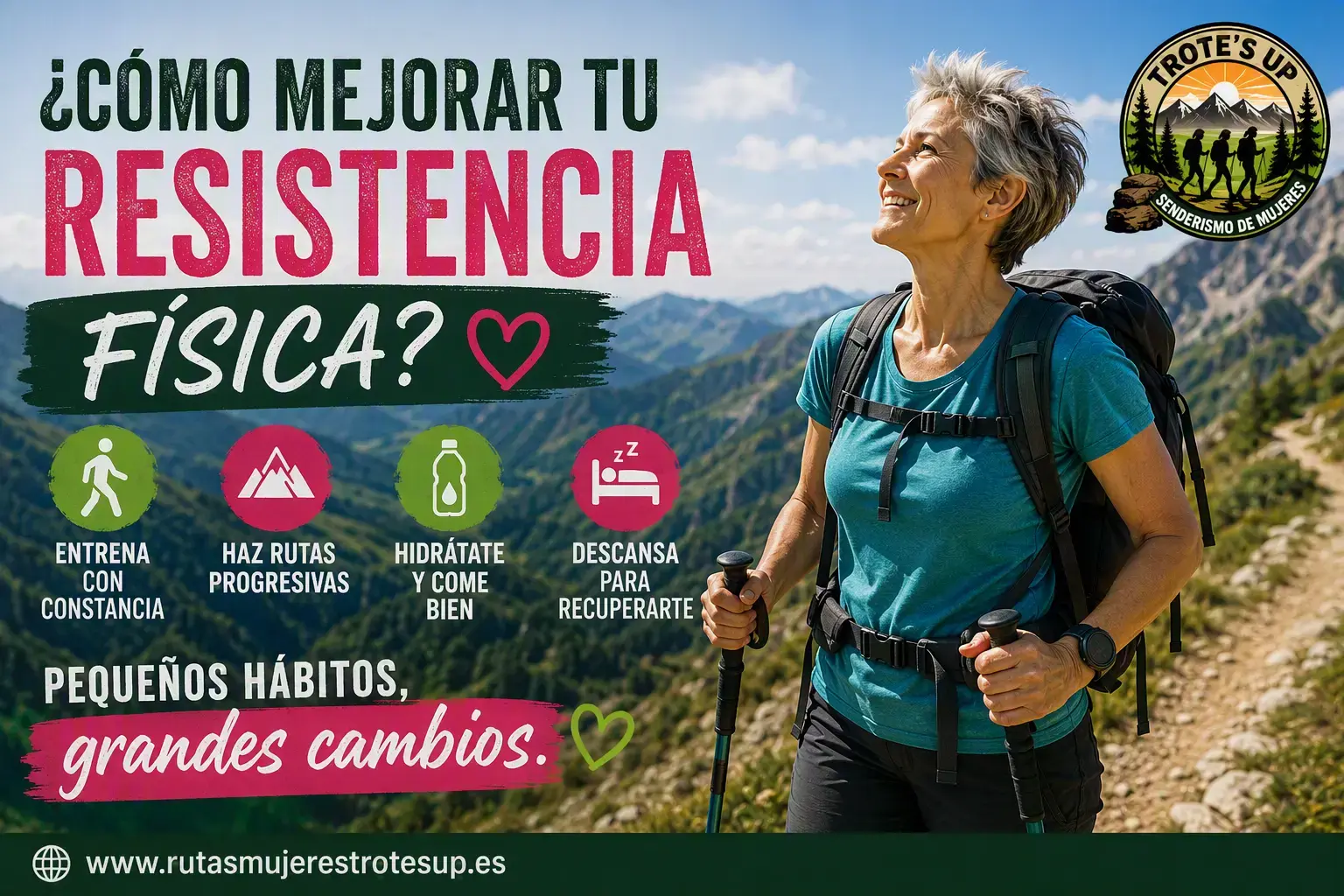 Senderista con mochila y bastones caminando por un sendero de montaña con vistas panorámicas, junto a consejos para mejorar la resistencia física mediante el senderismo.