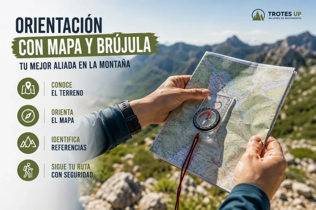Senderista consultando un mapa topográfico y una brújula durante una ruta de montaña. Infografía sobre orientación básica en senderismo y navegación en la naturaleza.
