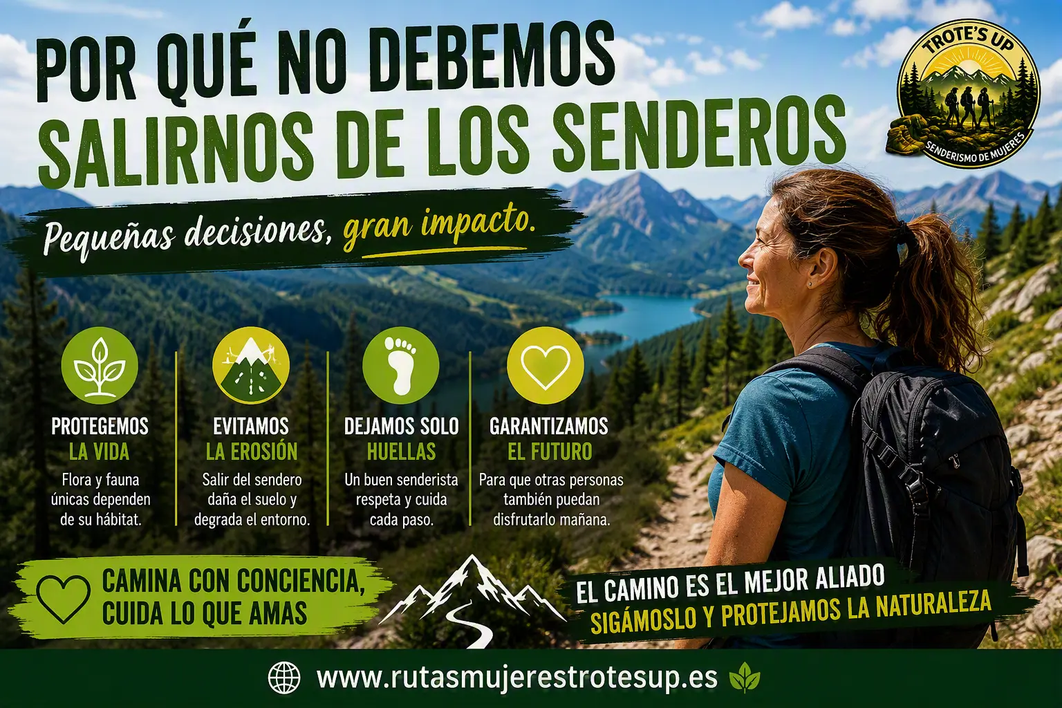 Senderista en una ruta de montaña siguiendo un sendero marcado entre bosques y paisajes naturales. Imagen sobre la importancia de respetar los caminos para proteger la naturaleza y evitar la erosión.