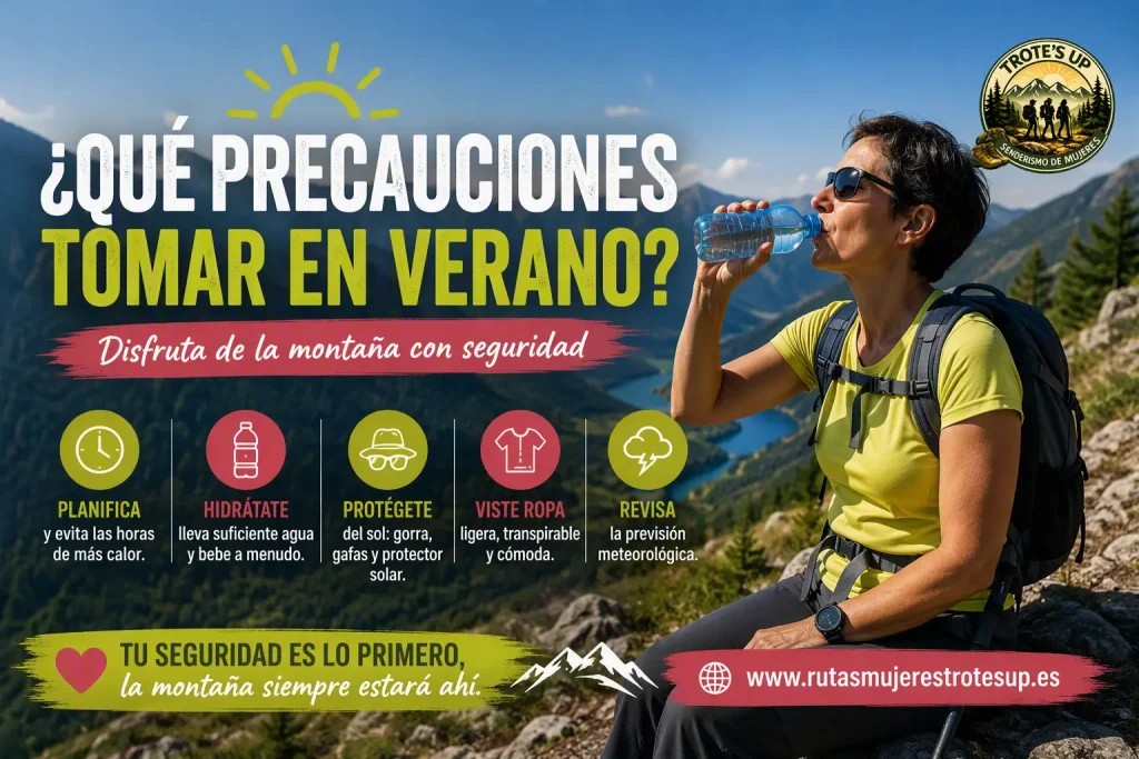 Persona senderista preparando agua, gorra y protección solar antes de una ruta de verano.