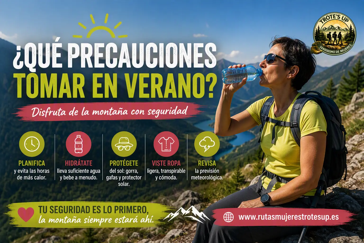 Persona senderista preparando agua, gorra y protección solar antes de una ruta de verano.