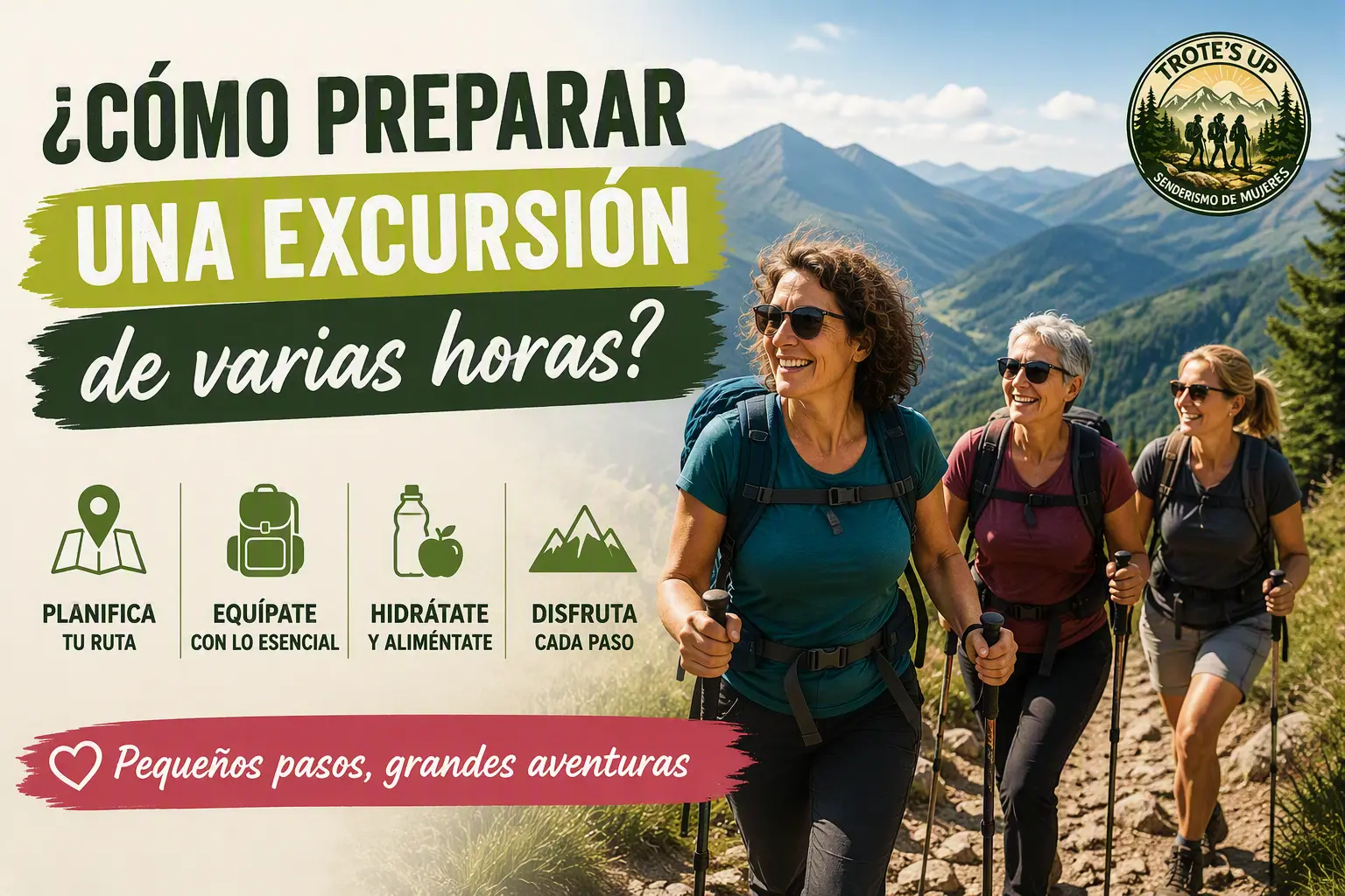 Mujer senderista preparando la mochila antes de una excursión de varias horas por la montaña.