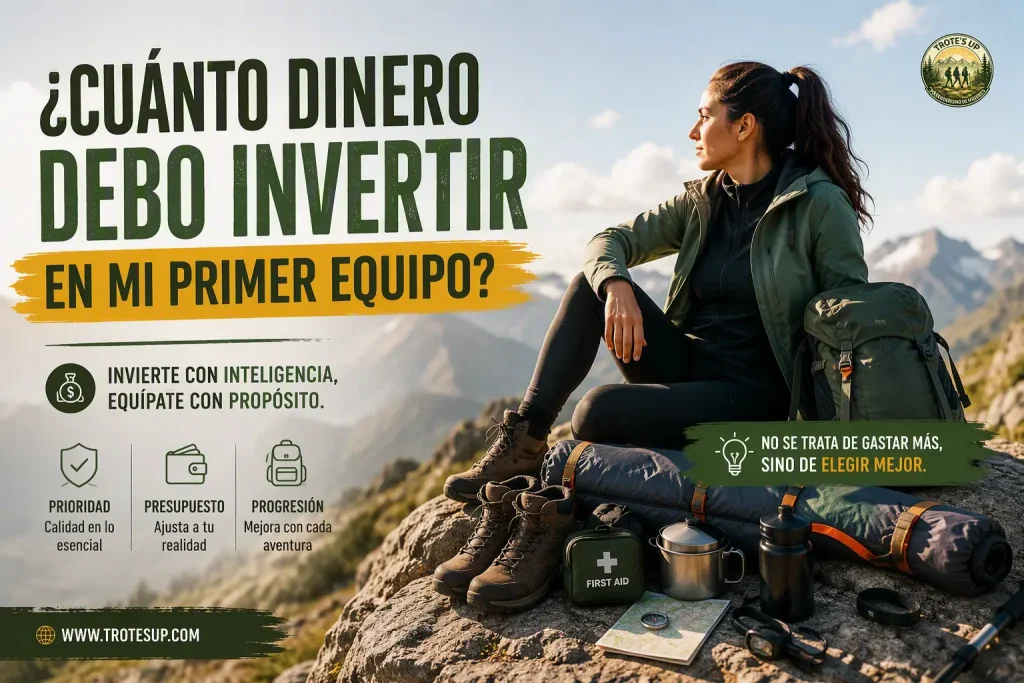 ¿Cuánto dinero debo invertir en mi primer equipo de senderismo? Equipamiento básico de senderismo sobre una roca de montaña junto a una mochila, botas de trekking, saco de dormir y accesorios. Imagen informativa sobre la inversión necesaria para comenzar en el senderismo.