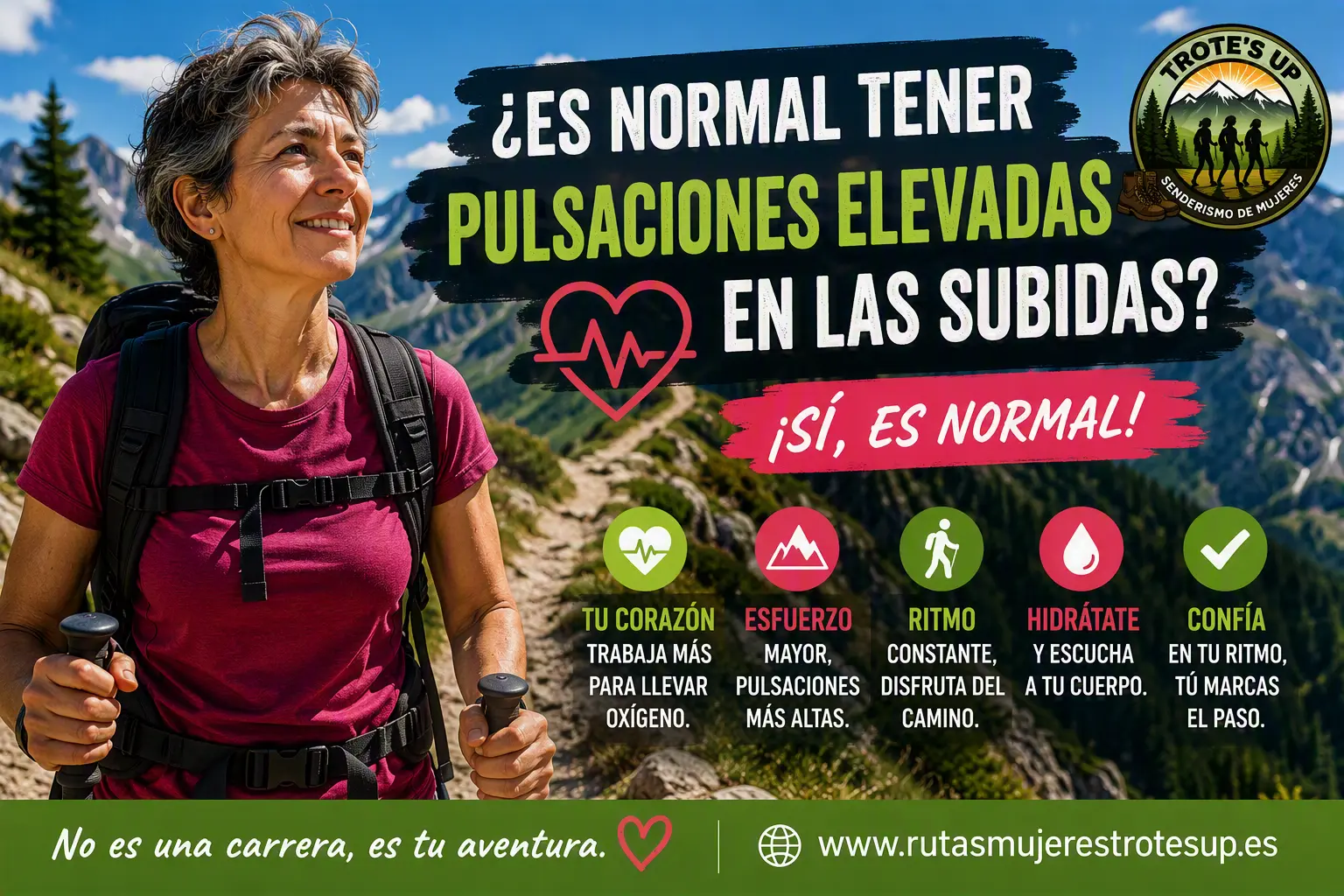 Persona caminando con bastones de trekking por una ruta de montaña durante una subida, rodeada de paisajes alpinos, junto a información sobre las pulsaciones elevadas durante el senderismo.