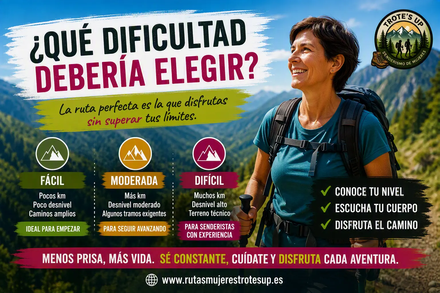Mujer senderista revisando la dificultad de una ruta de senderismo antes de salir a caminar.