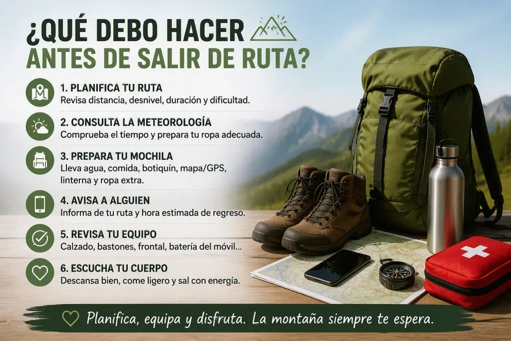 Mujer senderista revisando mochila, mapa y meteorología antes de salir de ruta.