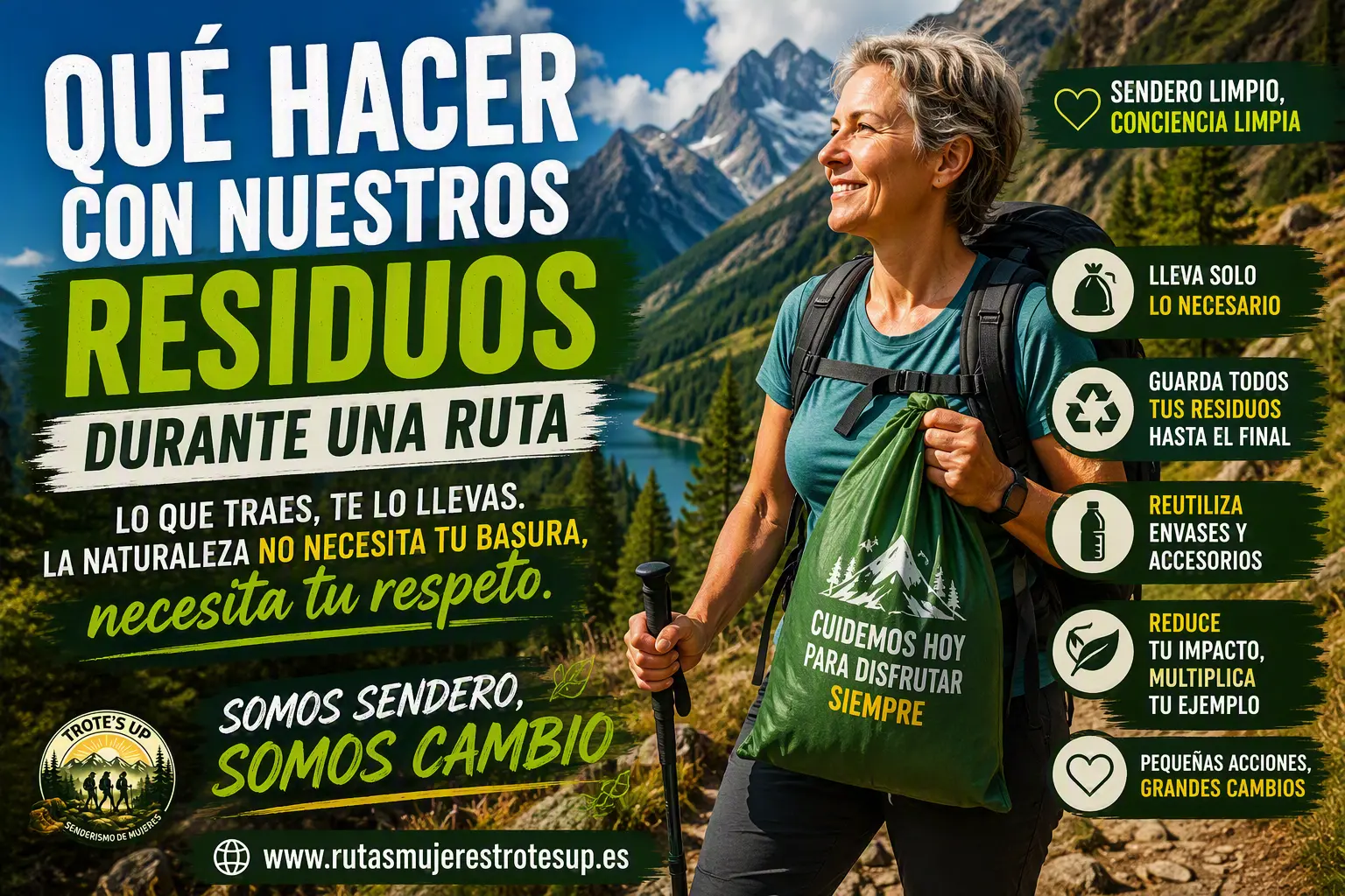 Senderista en un paisaje de montaña transportando una bolsa con residuos durante una ruta. Imagen educativa sobre buenas prácticas de senderismo sostenible, reciclaje y cuidado de la naturaleza.