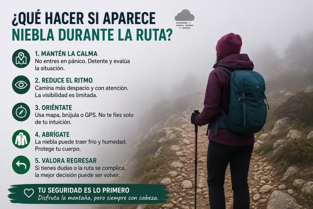 Mujer senderista revisando el mapa y el GPX durante una ruta con niebla.