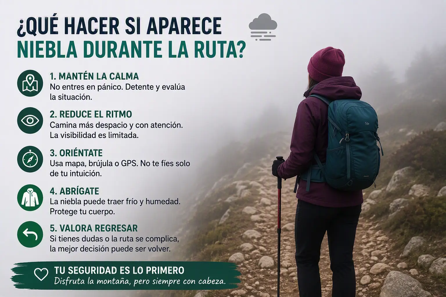 Mujer senderista revisando el mapa y el GPX durante una ruta con niebla.