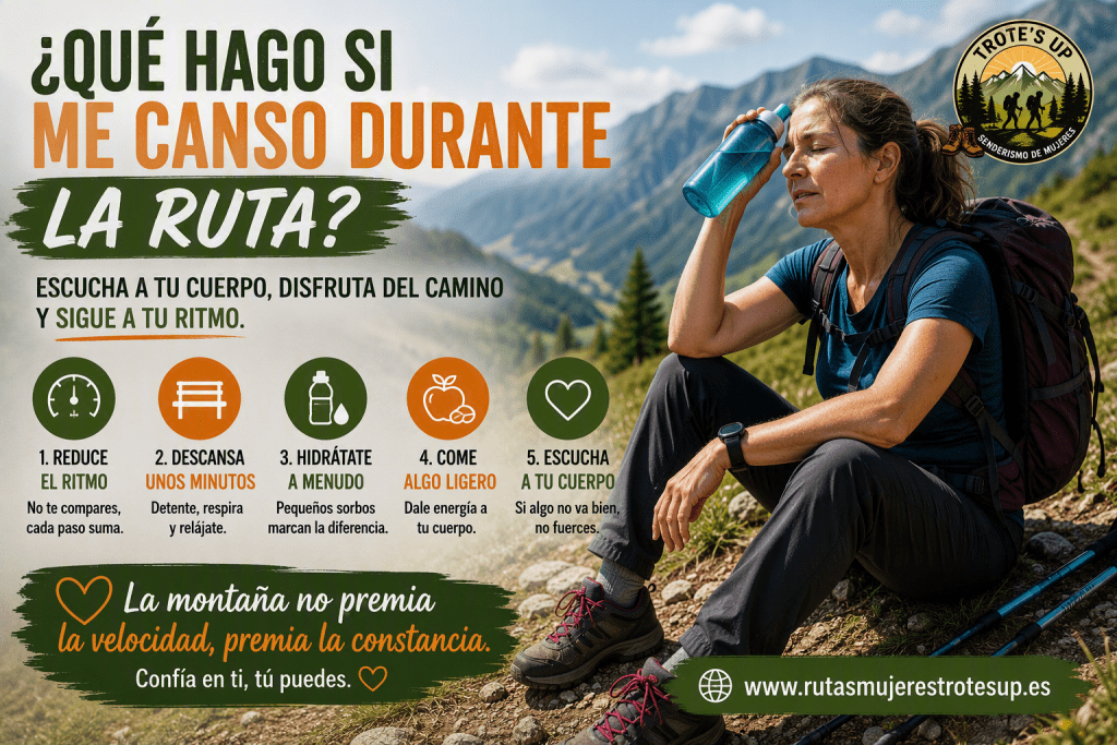 ¿Qué hago si me canso durante la ruta? Mujer senderista descansando durante una ruta de montaña para recuperar energía.