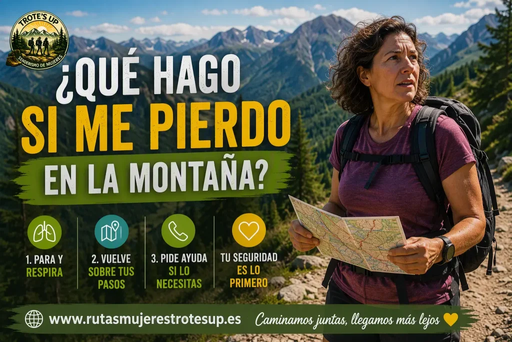 Persona senderista revisando un mapa y un móvil en la montaña tras perderse durante una ruta.