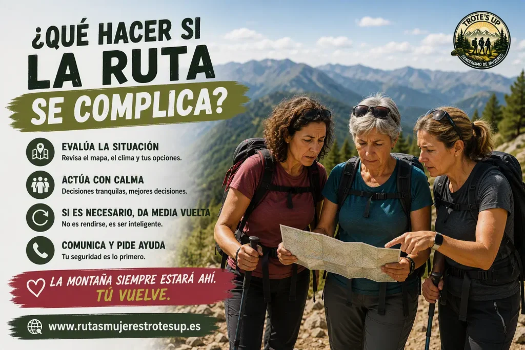 ¿Qué hacer si la ruta se complica? Mujer senderista revisando el mapa cuando una ruta de montaña se complica.