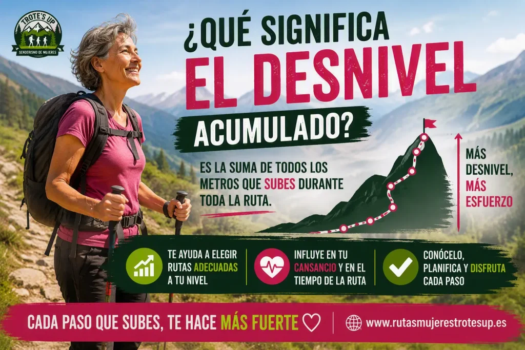 ¿Qué significa el desnivel acumulado? Mujer senderista revisando el desnivel acumulado de una ruta de montaña en una ficha técnica.
