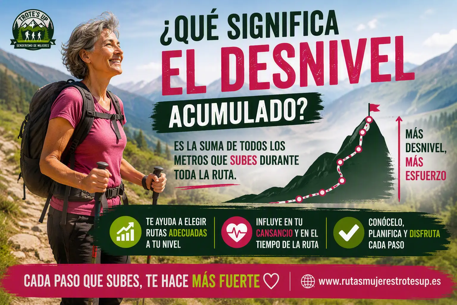 Mujer senderista revisando el desnivel acumulado de una ruta de montaña en una ficha técnica.