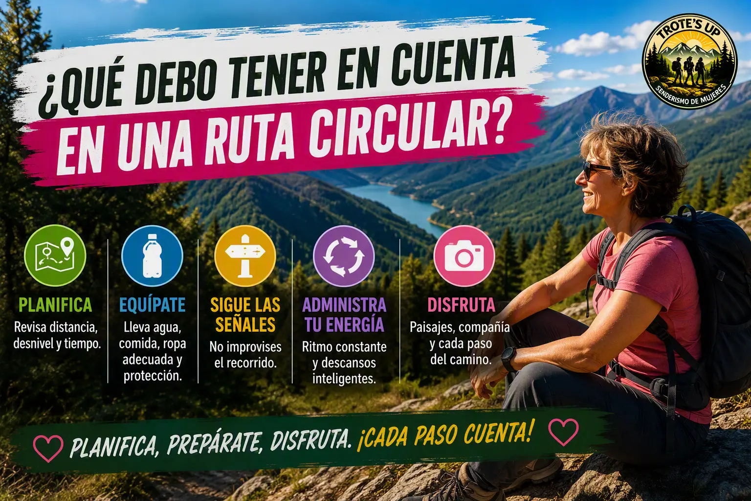 Mujer senderista consultando el track de una ruta circular antes de caminar por la montaña.