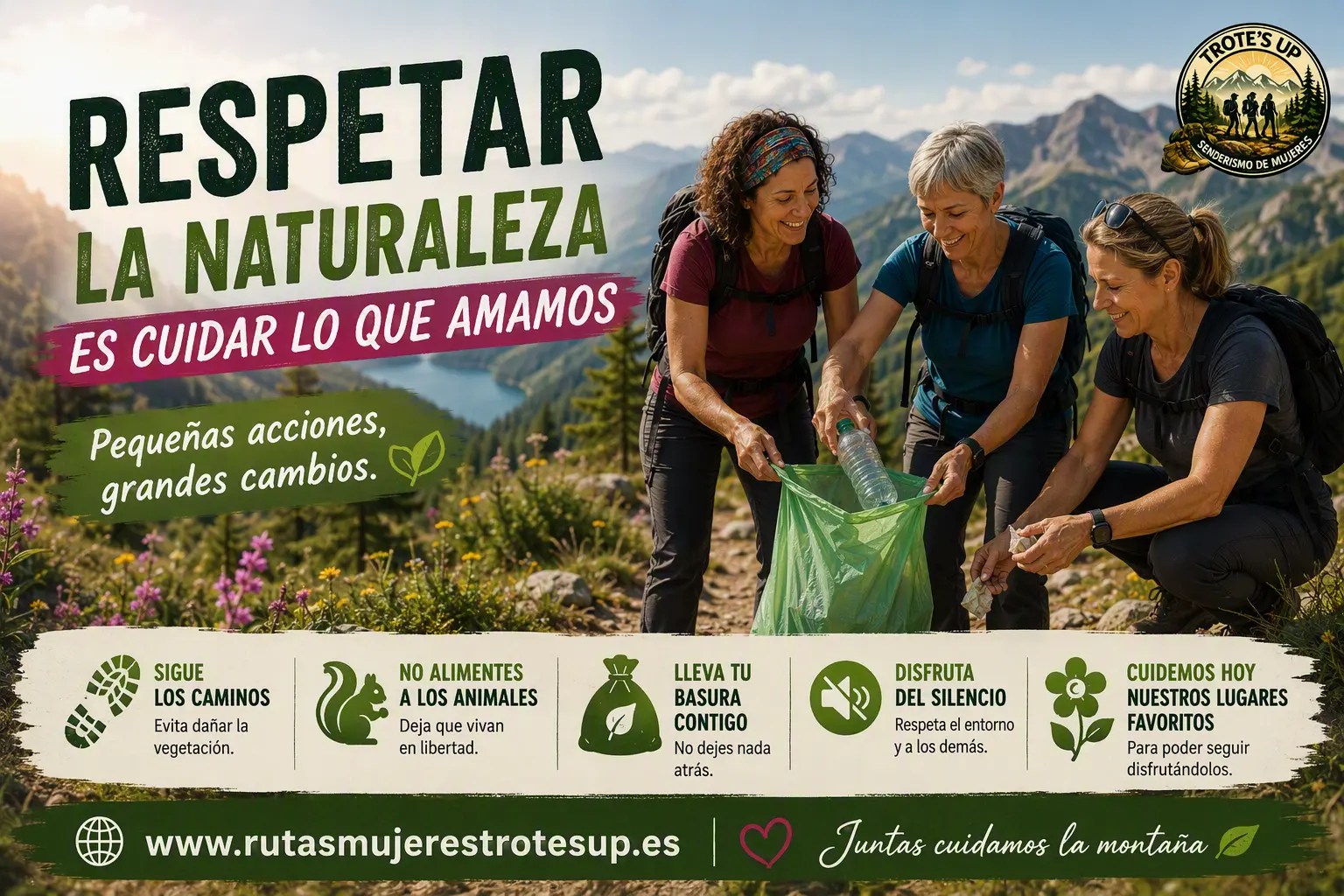 Mujer senderista recogiendo residuos durante una excursión para respetar la naturaleza.