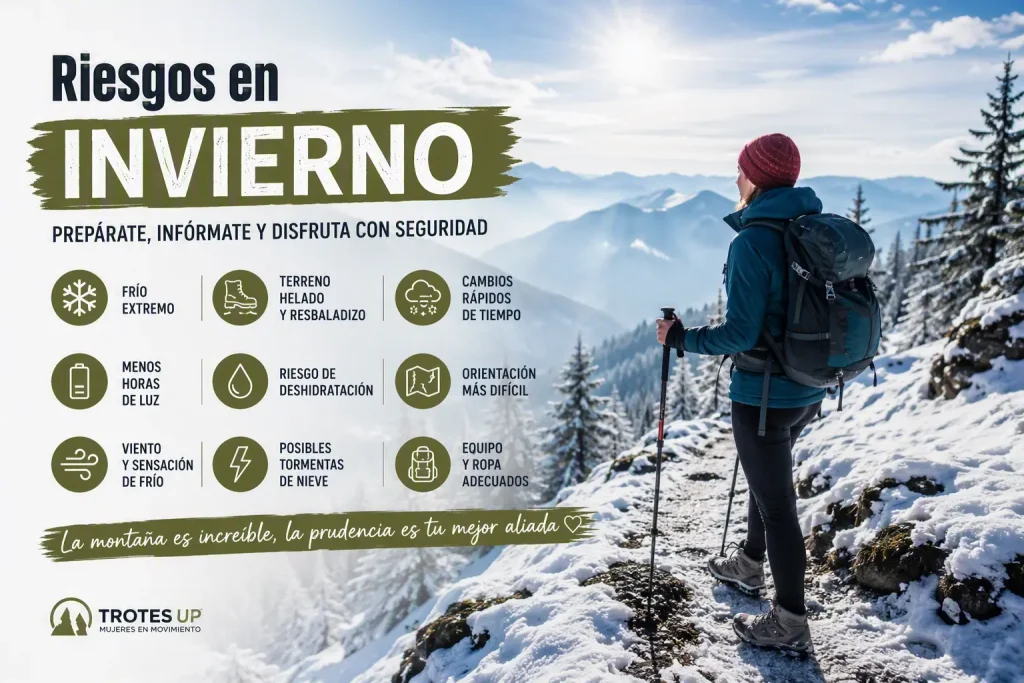 Persona senderista caminando en una ruta de invierno con nieve, mochila y ropa por capas.