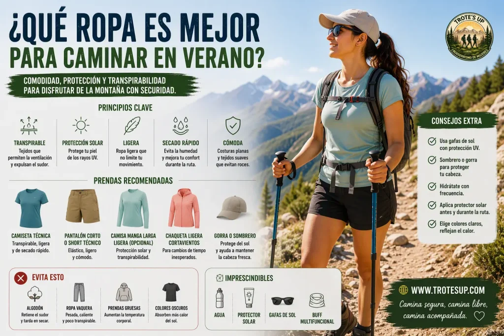 ¿Qué ropa es mejor para caminar en verano? Senderista caminando por una ruta de montaña en verano con ropa técnica transpirable, gorra, gafas de sol y mochila. Infografía sobre la mejor ropa para senderismo en días calurosos.