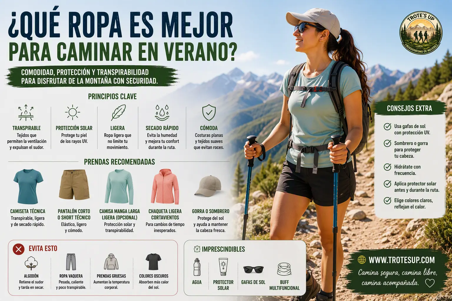 Senderista caminando por una ruta de montaña en verano con ropa técnica transpirable, gorra, gafas de sol y mochila. Infografía sobre la mejor ropa para senderismo en días calurosos.