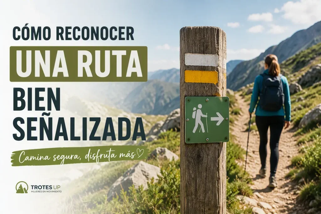 Senderista observando señales y marcas de un sendero de montaña correctamente señalizado. Infografía sobre cómo identificar rutas bien marcadas y seguras para senderismo.