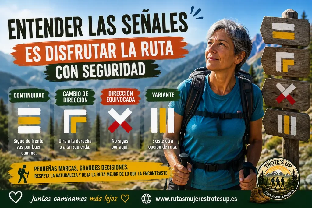 Mujer senderista observando las señales de un sendero homologado en una ruta de montaña.