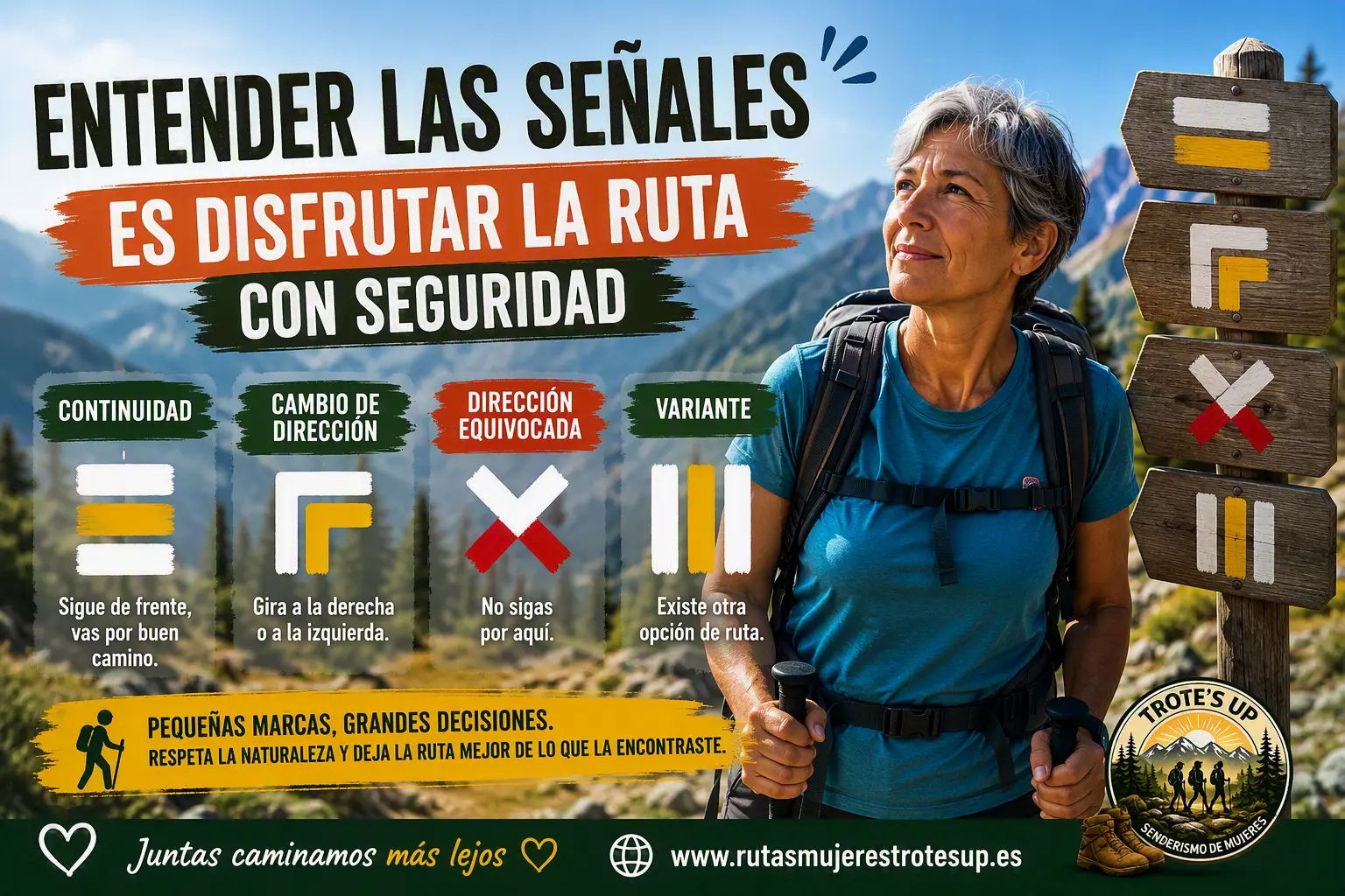 Mujer senderista observando las señales de un sendero homologado en una ruta de montaña.