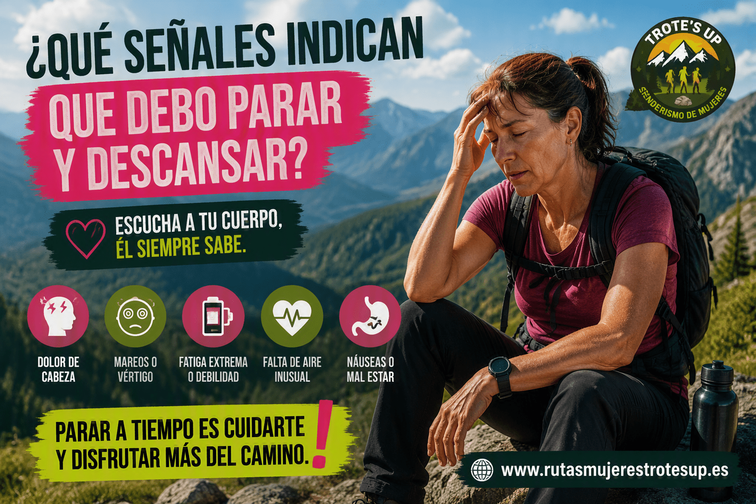 Mujer senderista descansando durante una ruta de montaña para recuperar energía y continuar con seguridad.