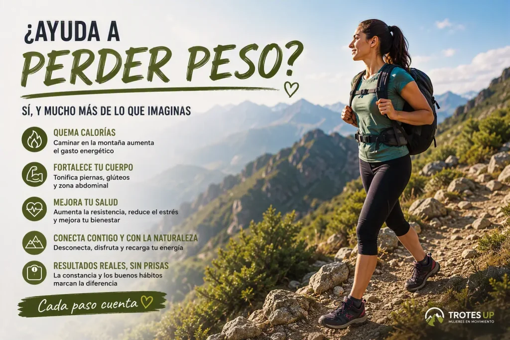 ¿El senderismo ayuda a perder peso? Mujer senderista caminando por una ruta de montaña para perder peso y mejorar su bienestar.