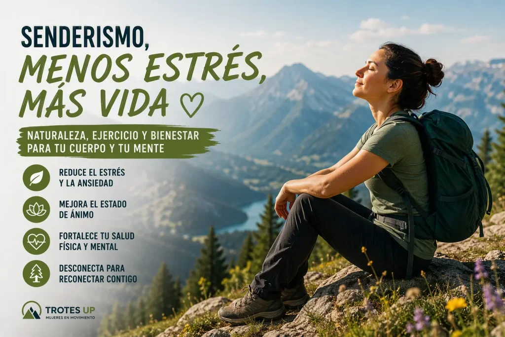 ¿Ayuda a reducir el estrés? Mujer senderista caminando por un bosque para reducir el estrés y conectar con la naturaleza.