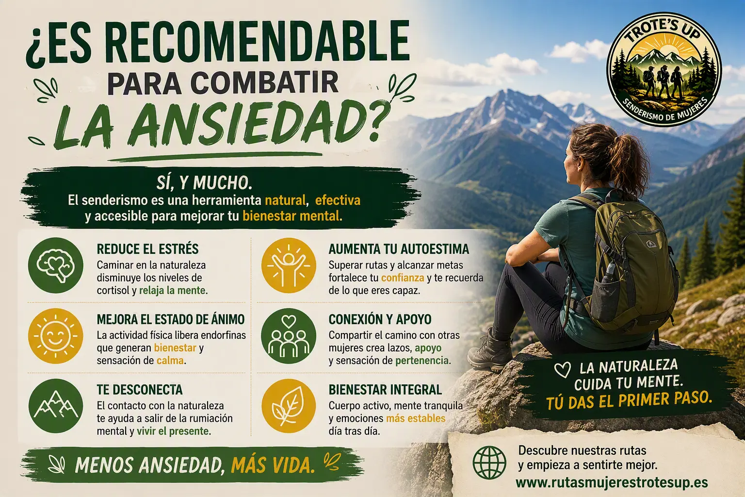 Persona sentada observando un paisaje de montaña durante una ruta de senderismo, rodeada de naturaleza y vistas panorámicas, destacando los beneficios del senderismo para reducir la ansiedad y mejorar el bienestar emocional.
