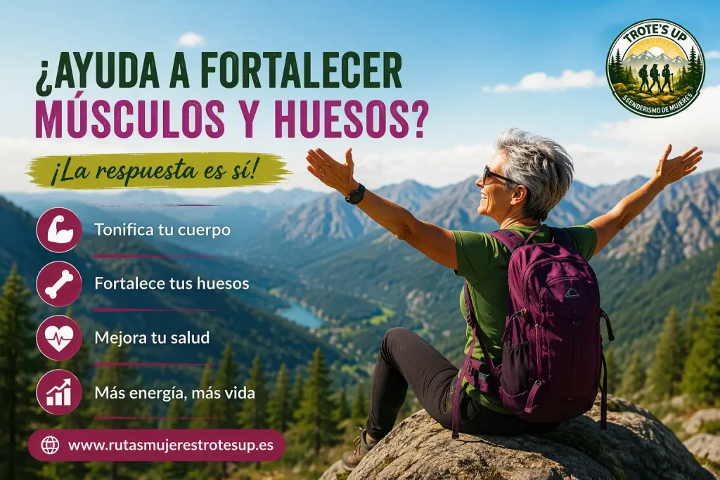 ¿Ayuda a fortalecer músculos y huesos? Mujer senderista caminando por un sendero de montaña para fortalecer músculos y huesos.