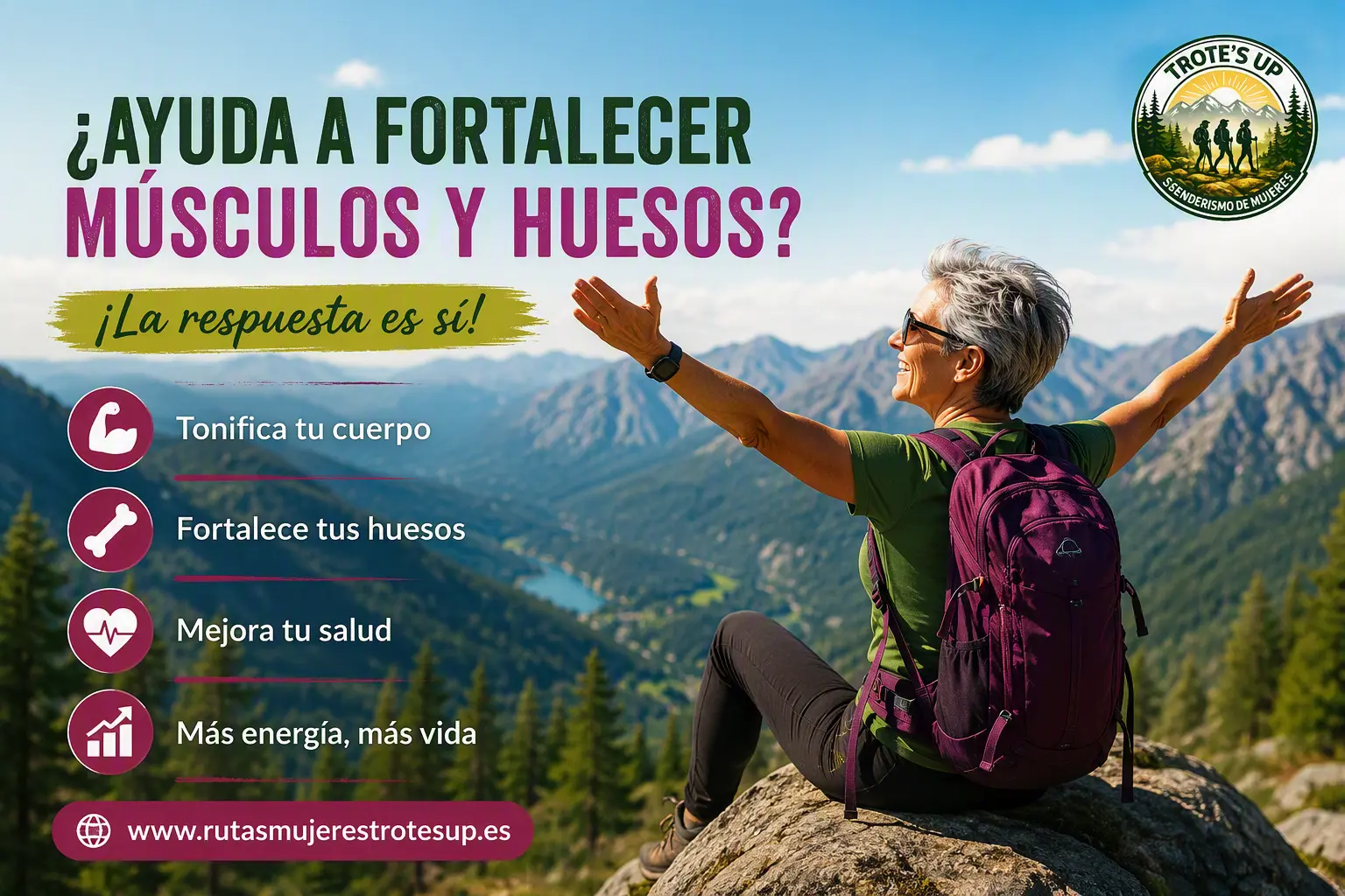 Mujer senderista caminando por un sendero de montaña para fortalecer músculos y huesos.