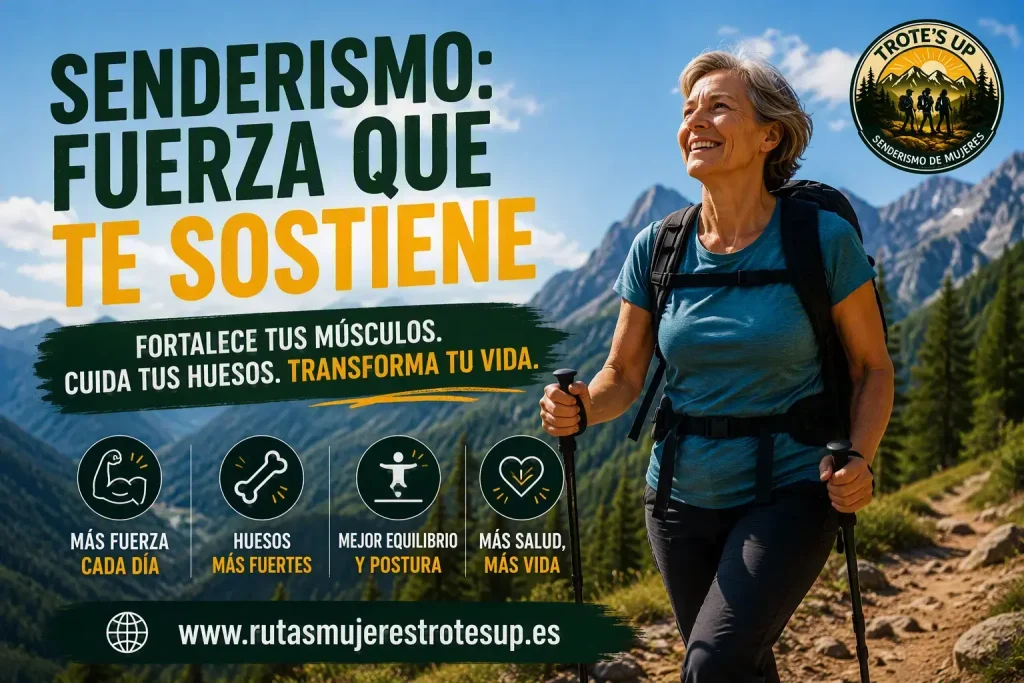¿Es beneficioso el senderismo durante la menopausia? Mujer mayor de 45 años realizando senderismo por la montaña durante la menopausia disfrutando de una vida activa y saludable.