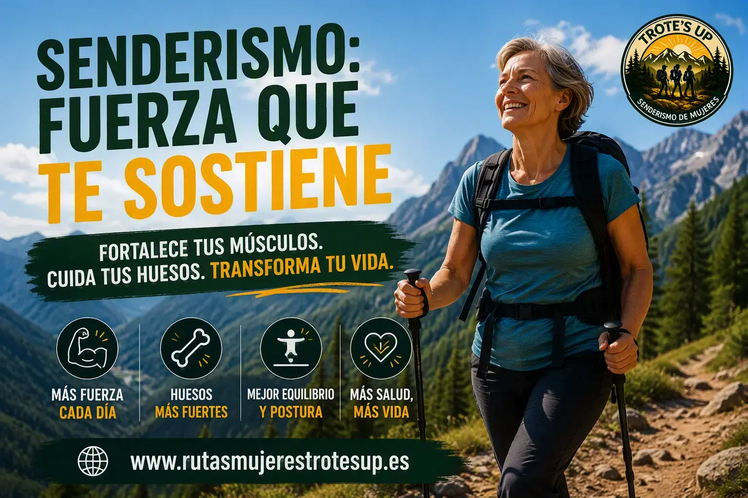 Mujer mayor de 45 años realizando senderismo por la montaña durante la menopausia disfrutando de una vida activa y saludable.