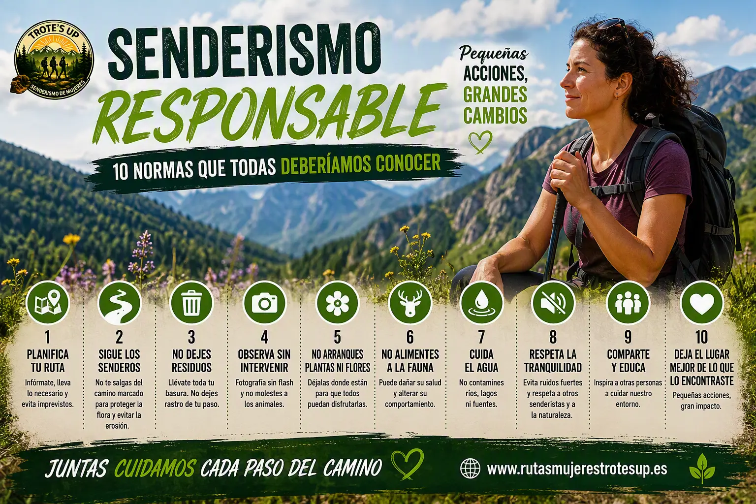 Imagen de senderismo responsable en un paisaje de montaña con una senderista, iconos de buenas prácticas y el título “Senderismo responsable: 10 normas que todas deberíamos conocer”. Incluye consejos para planificar la ruta, seguir los senderos, no dejar residuos y cuidar la naturaleza.