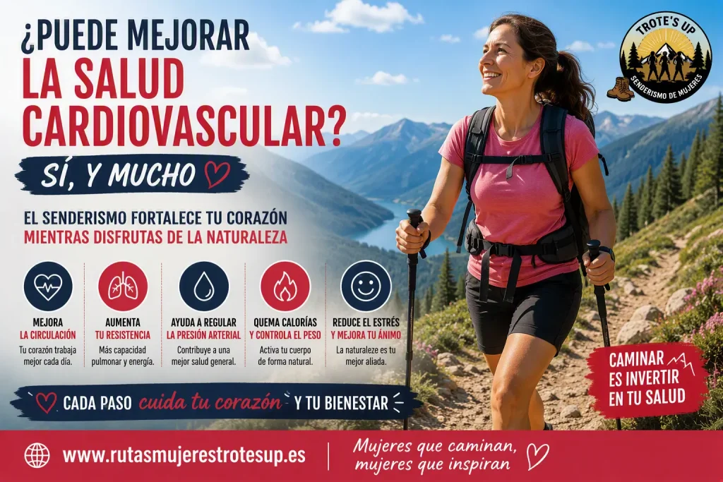 ¿Puede mejorar el senderismo la salud cardiovascular? Mujer practicando senderismo en la montaña para mejorar la salud cardiovascular y cuidar el corazón.