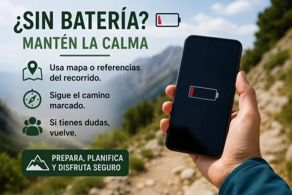 Persona senderista revisando una batería externa y un móvil durante una ruta de senderismo.