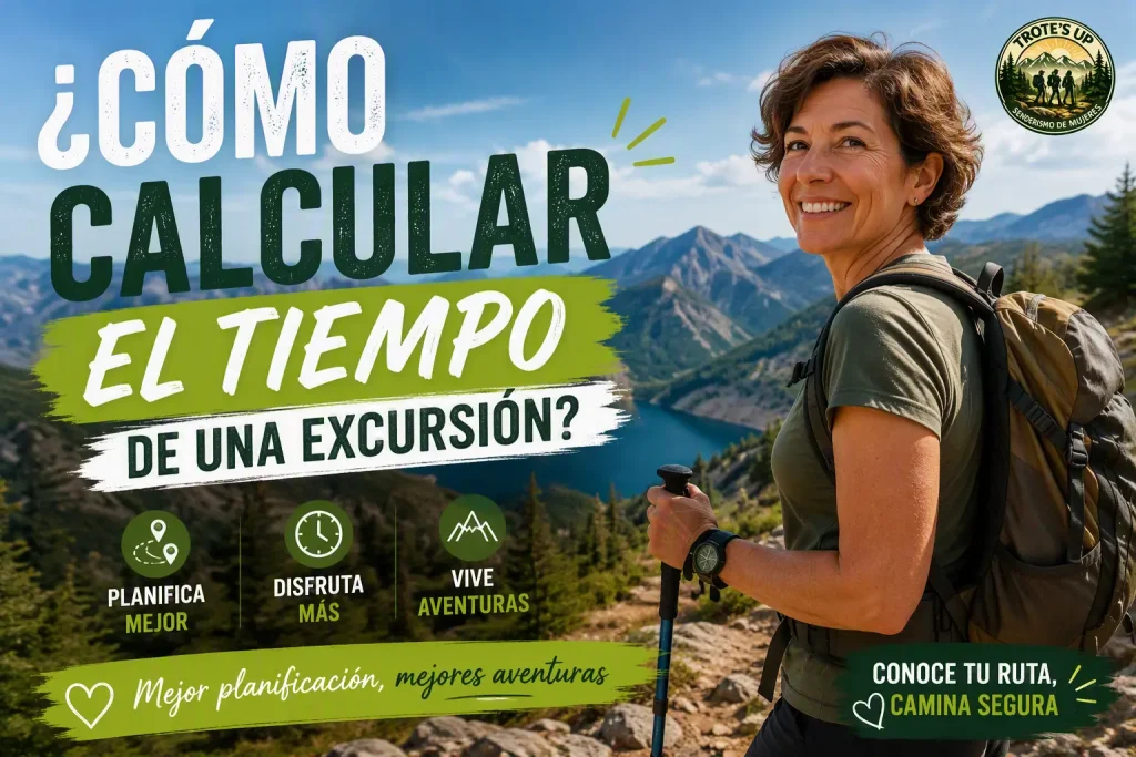 ¿Cómo calcular el tiempo de una excursión? Mujer senderista calculando el tiempo de una excursión con mapa, distancia y desnivel.