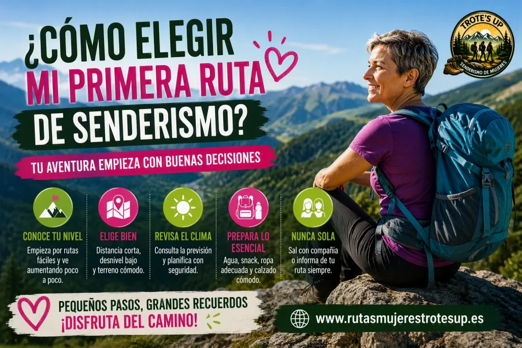¿Cómo elegir mi primera ruta de senderismo? Mujer senderista principiante revisando una ficha de ruta fácil antes de su primera salida.