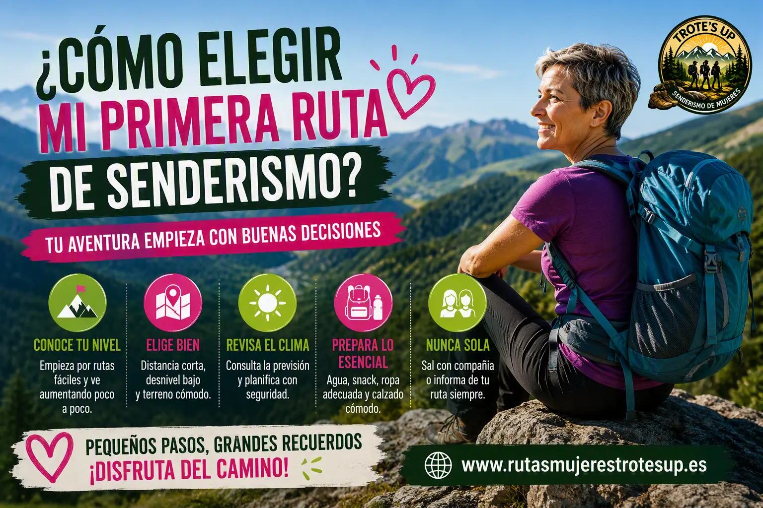 Mujer senderista principiante revisando una ficha de ruta fácil antes de su primera salida.