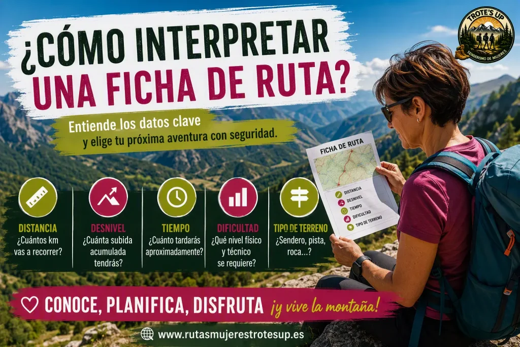 ¿Cómo interpretar una ficha de ruta? Mujer senderista revisando una ficha de ruta con distancia, desnivel, nivel y duración.