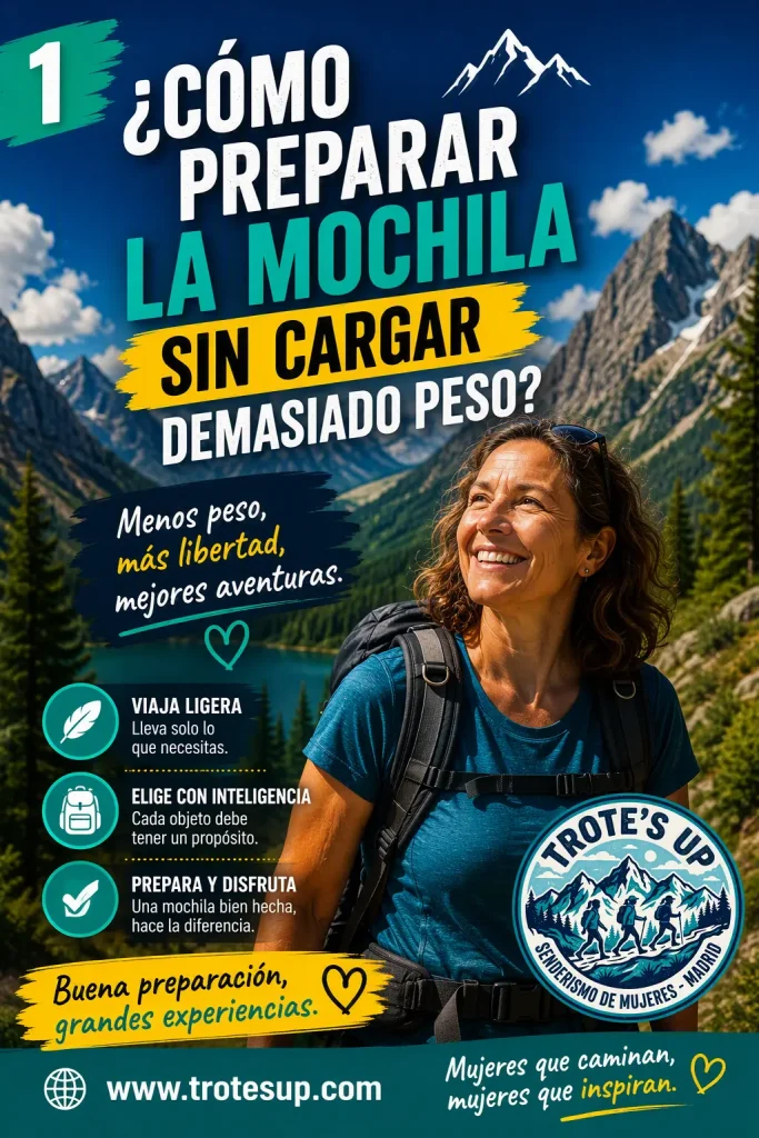 ¿Cómo preparar la mochila sin cargar demasiado peso? Senderista organizando una mochila de montaña con agua, comida, ropa ligera, botiquín, mapa y material esencial. Infografía sobre cómo preparar la mochila de senderismo sin cargar demasiado peso.